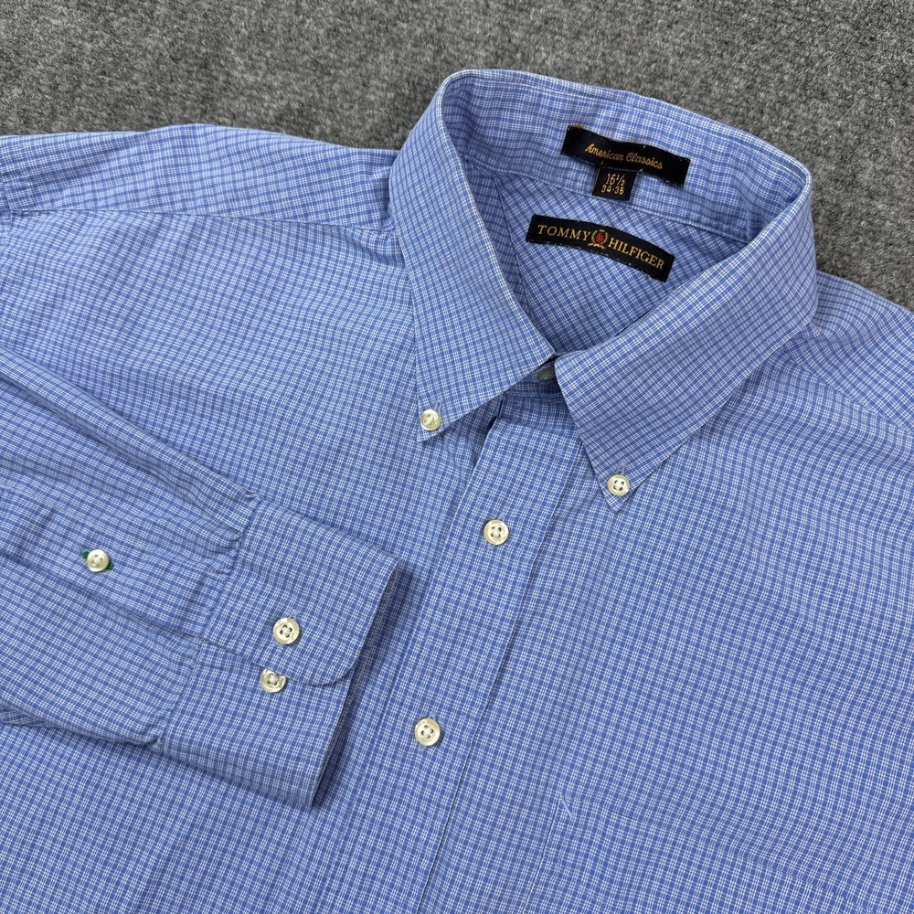 Vintage Tommy Hilfiger Mens Blue Check Button Down Dress Shirt 16.5 34-35 L Y2K